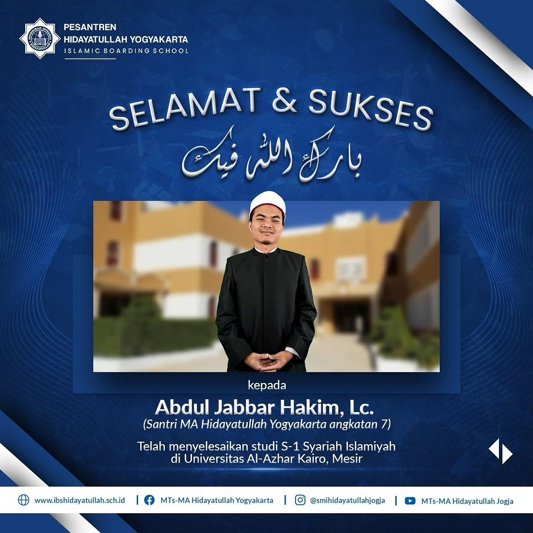 Santri MA Hidayatullah Yogyakarta angkatan 7 - Abdul Jabbar Hakim, Lc. - Jurusan Syariah Islamiyah di Universitas Al-Azhar Kairo, Mesir